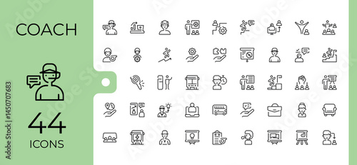 Coach icon collection. Advice modern icon set. Thin line icons set. Contain linear symbols lead, advice, trainer, expert, man, train and more. Editable stroke. Vector collection.