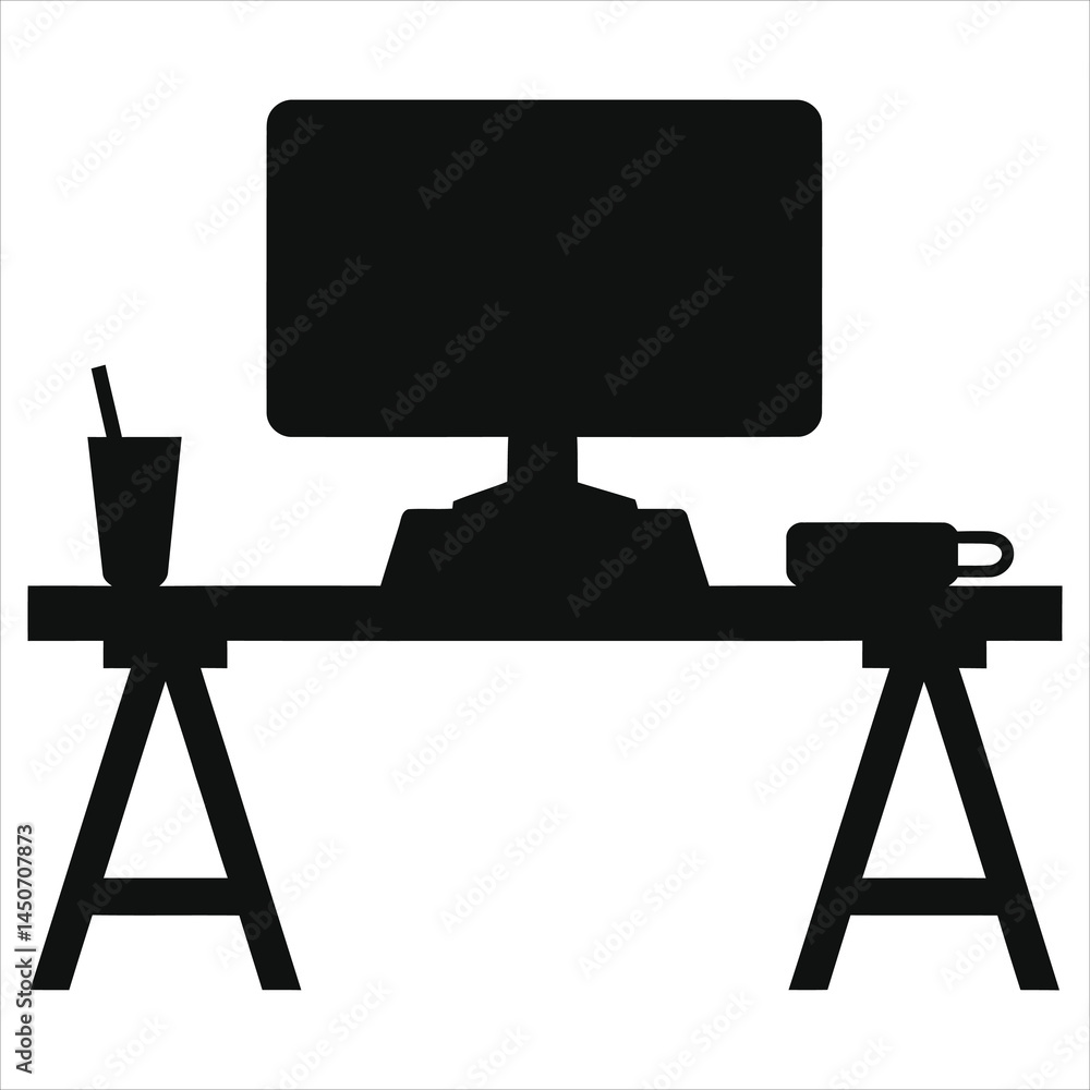 Simple black and white vector silhouette of a home office workspace./A minimalist, black silhouette of a home office setup. Simple black and white vector silhouette of a home office workspace./A minimalist, black silhouette of a home office setup.