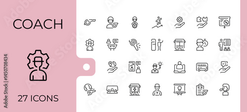 Coach icon collection. Advice modern icon set. Thin line icons set. Contain linear symbols lead, advice, trainer, expert, man, train and more. Editable stroke. Vector collection.