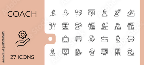 Coach icon collection. Advice modern icon set. Thin line icons set. Contain linear symbols lead, advice, trainer, expert, man, train and more. Editable stroke. Vector collection.