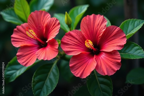 Intricate hibiscus blossoms, vibrant hues, lush leaves , repeat, surface