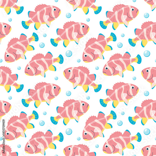 Cartoon fish seamless pattern. Background with cute funny sea fish, ocean fishing, marine wildlife, sea animals for fabric or wrapping paper print. Vector cartoon flat illustration. Coral reef dweller