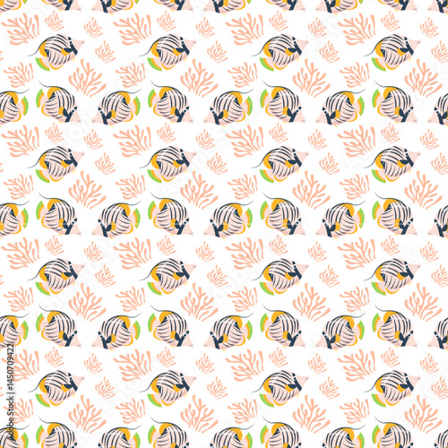 Cartoon fish seamless pattern. Background with cute funny sea fish, ocean fishing, marine wildlife, sea animals for fabric or wrapping paper print. Vector cartoon flat illustration. Coral reef dweller