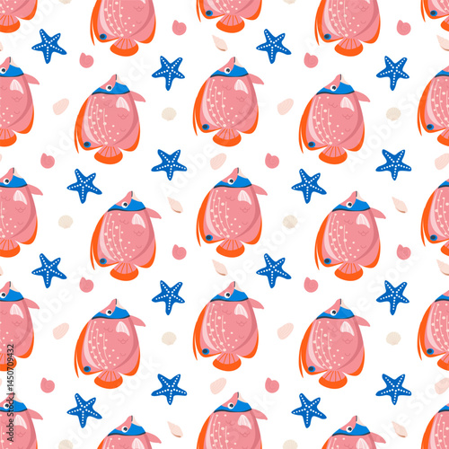 Cartoon fish seamless pattern. Background with cute funny sea fish, ocean fishing, marine wildlife, sea animals for fabric or wrapping paper print. Vector cartoon flat illustration. Coral reef dweller
