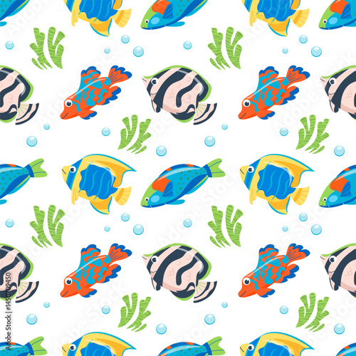 Cartoon fish seamless pattern. Background with cute funny sea fish, ocean fishing, marine wildlife, sea animals for fabric or wrapping paper print. Vector cartoon flat illustration. Coral reef dweller