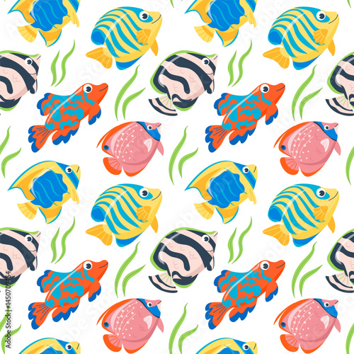 Cartoon fish seamless pattern. Background with cute funny sea fish, ocean fishing, marine wildlife, sea animals for fabric or wrapping paper print. Vector cartoon flat illustration. Coral reef dweller