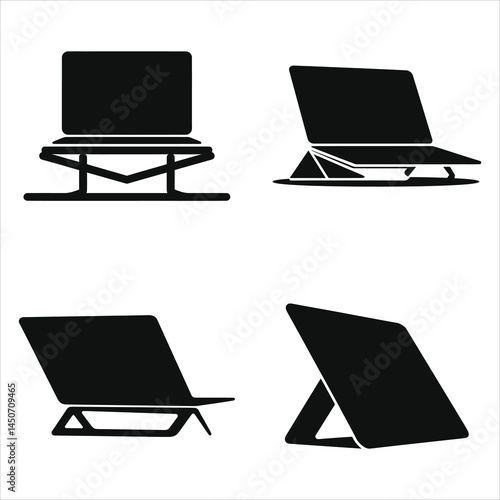 Fotografía Vector Silhouette of Four Laptop Riser Designs for Comfortable Work/Modern, minimalist illustrations of four different laptop riser designs
