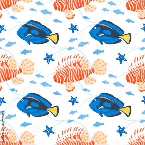 Cartoon fish seamless pattern. Background with cute funny sea fish, ocean fishing, marine wildlife, sea animals for fabric or wrapping paper print. Vector cartoon flat illustration. Coral reef dweller