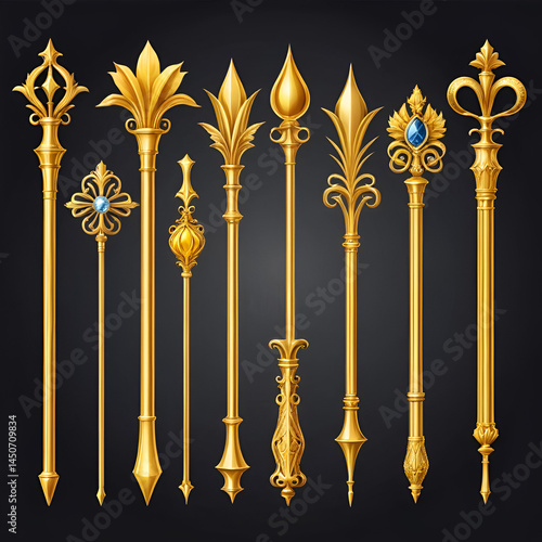 Gold royal scepters, king and queen wands. Vector realistic set of ancient golden rod, royalty symbol of monarchy and imperial power. Medieval jewelry sceptre, coronation insignia