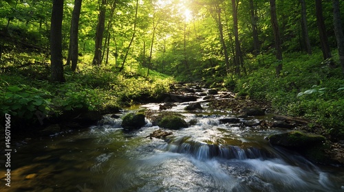 Sunlit Forest Stream: Tranquil Nature Escape