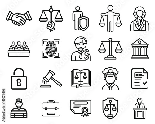 Law and Justice Icons, Legal System, Court, Crime, and Rights