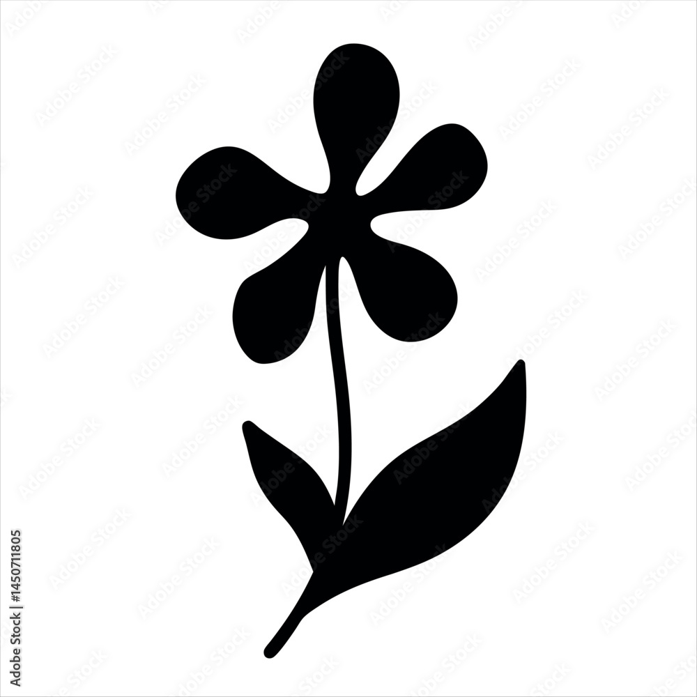 Simple and bold black flower silhouette with stem and two leaves Simple and bold black flower silhouette with stem and two leaves