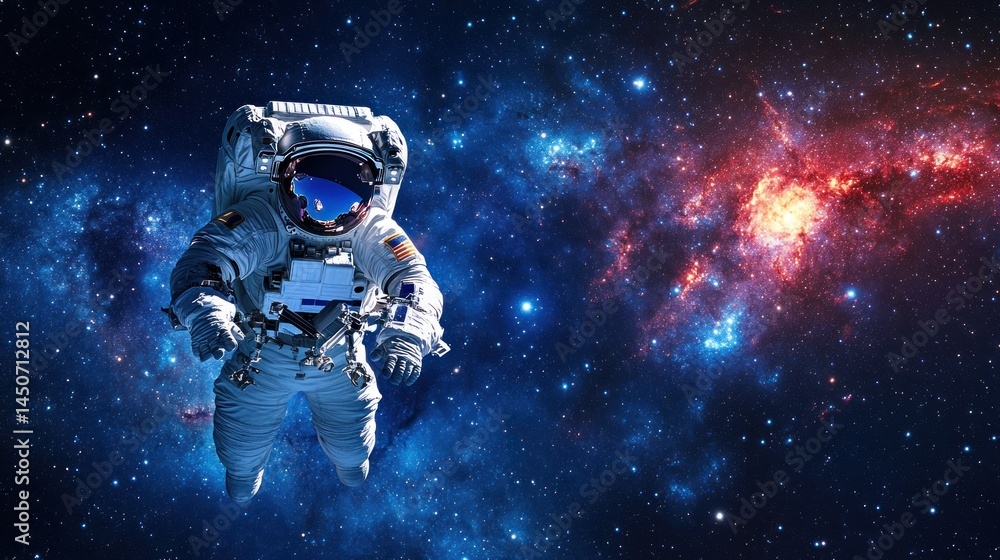 Astronaut on spacewalk among the stars and nebula for scientific exploration Astronaut on spacewalk among the stars and nebula for scientific exploration