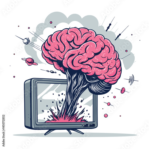 A human brain explodes from a vintage television screen, surrounded by intense static interference.  The scene is surreal and slightly disturbing.