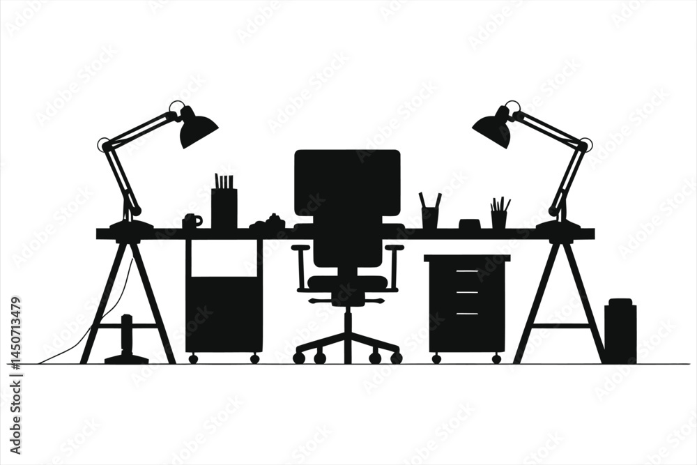 Simple Vector Silhouette of a Modular workstation/A clean, minimalist silhouette of a modern office workspace.
