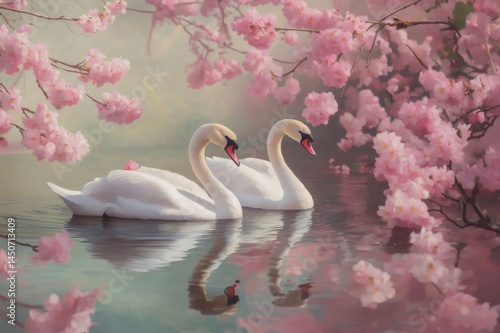 Wallpaper Mural Two white swans swimming peacefully in a pond under blooming cherry blossoms, creating a serene and romantic atmosphere Torontodigital.ca