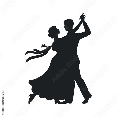 Black silhouette of a ballroom dancing couple, elegant pose with flowing ribbons, graceful movement, romantic and classic dance position, vector illustration for wedding, love, and celebration themes.
