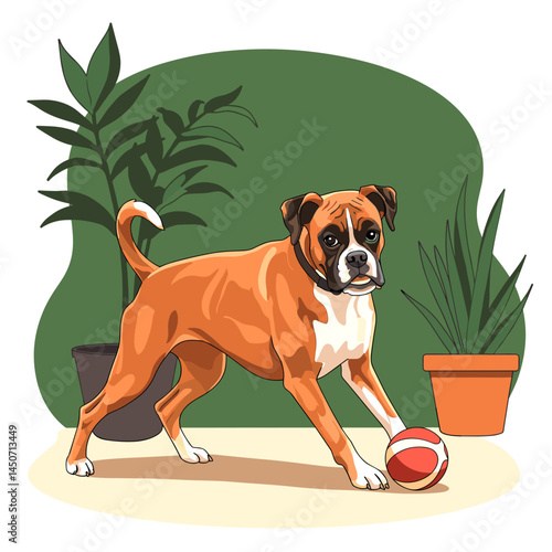 Playful dog standing with a ball in a cozy indoor setting  