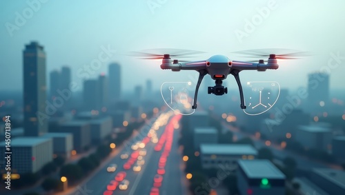 Futuristic aerial surveillance drone with glowing data overlay — ideal for logistics, traffic control, and civil engineering projects