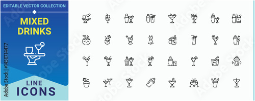Mixed Drinks icon set. Includes thin line symbols beer, bar, cocktail, beverage, champagne. Cocktails icon. Outline icons in linear style. Editable stroke. Vector illustration.