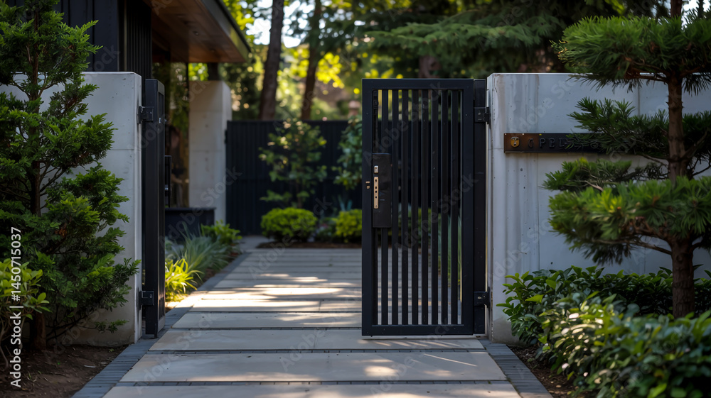 Obraz premium A modern minimalist entrance pathway with a sleek black metal gate. The gate features vertical slats and is mounted on a white concrete pillar