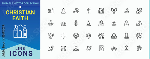 Christian Faith simple icon set. Included religious, catholic, christian, faith, christianity, church and more. Christian Religion modern icon set. Thin UI icons. Editable stroke. Vector collection.
