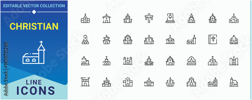 Christian icon set in linear style. Included temple, building, faith, christ, synagogue and more. Church icon set. Minimalist editable vector stroke. Vector illustration.