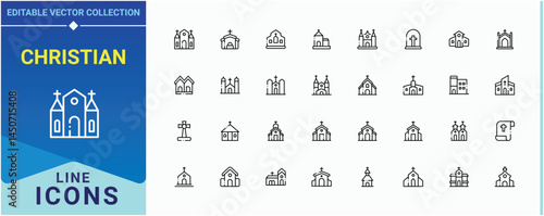 Set of Christian line icon. It contains symbols to religion, synagogue, cross, christ, building and more. Church icon set. Minimalist icons collection. Editable stroke. Vector collection.