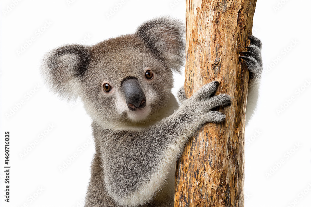 Fototapeta premium Koala climbing a tree branch while looking at the camera in a natural setting
