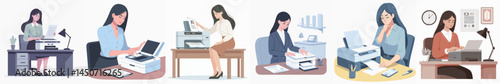 a woman is using a printer office style vector flat design