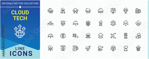 Cloud Tech icon set. Pack of computer, computing, communication, network, data and more. Cloud Computing line icon set. Thin linear style icons. Pixel perfect. Vector illustration.