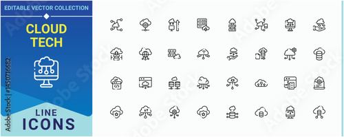 Cloud Tech vector icon set. It contains symbols to server, network, database, hosting, compute and more. Cloud Computing icon pack. Editable stroke. Vector collection.