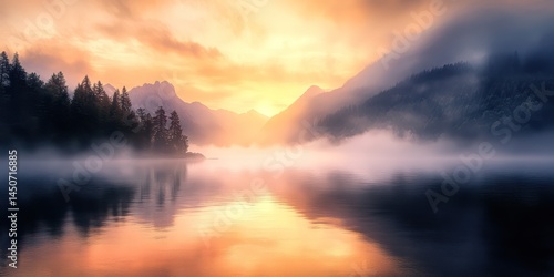 Fototapeta Naklejka Na Ścianę i Meble -  Misty sunrise over lake landscape