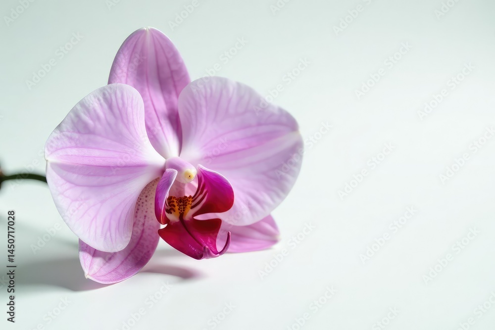 Obraz premium A single orchid on a white surface with delicate petals and intricate details, petal, floral, stem
