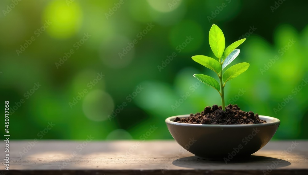 A small, isolated plant in a shallow container, garden, nature, foliage A small, isolated plant in a shallow container, garden, nature, foliage