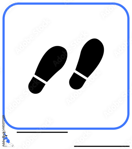 Black footstep prints facing forward in a clean frame indicating walking, movement, or progress. Ideal for navigation, fitness, travel, guidance, strategy wayfinding decision-making. Flat simple