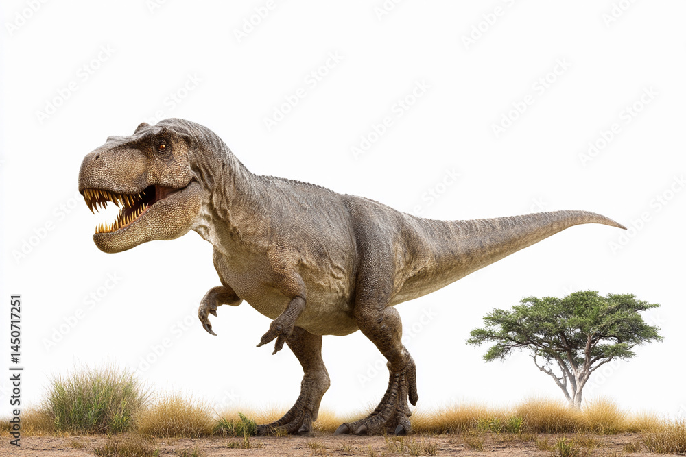 Fototapeta premium Majestic Tyrannosaurus rex stands in a grassy plain under a clear sky in a prehistoric landscape