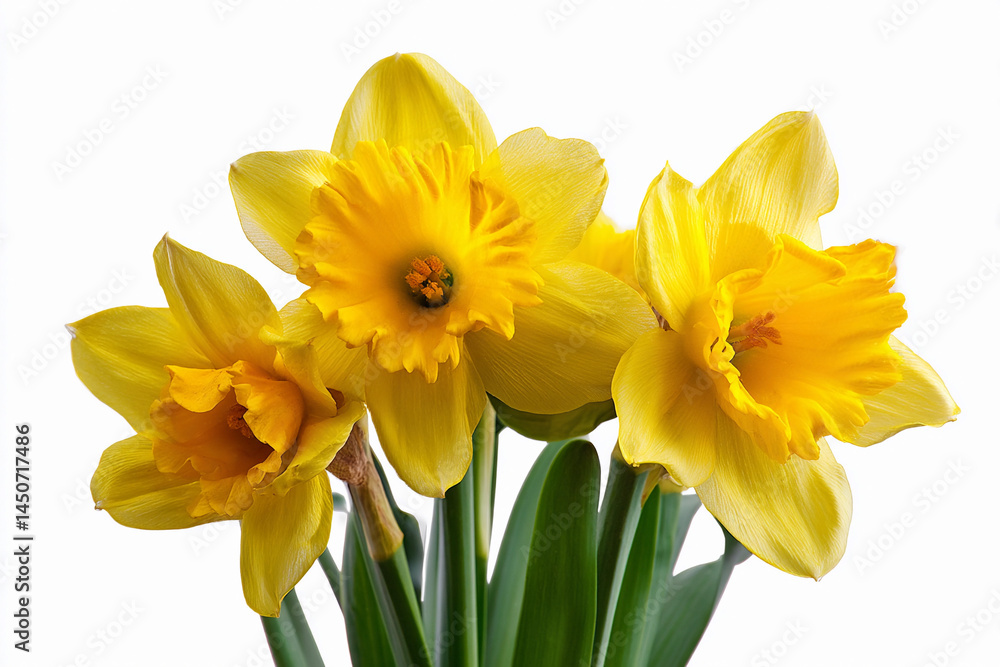 Bright yellow daffodils arranged beautifully with green leaves showcasing spring's arrival in a fresh, elegant display Bright yellow daffodils arranged beautifully with green leaves showcasing spring's arrival in a fresh, elegant display