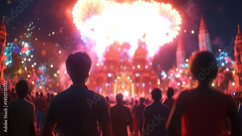 Crowd Watching Fireworks Display at Night