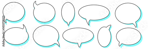 Simple vector illustrations of speech bubbles, icons set. Thoughts, speech cloud for comics and cartoons. Blue shadow