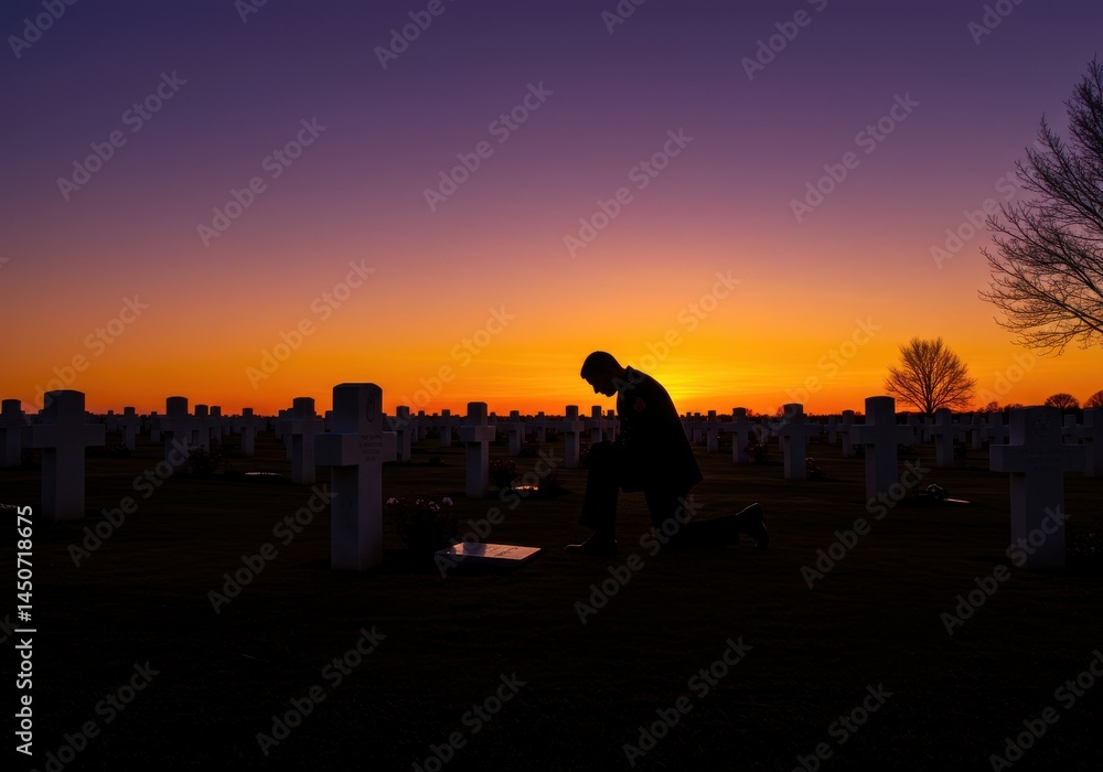 Fototapeta premium Silhouette of person kneeling at cemetery with crosses during sunset with orange and purple sky view