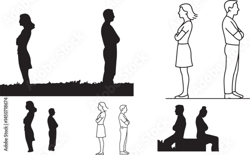 relationship conflict, couple argument, man and woman facing away, breakup illustration, relationship problem, unhappy couple, couple fight, relationship distance, love conflict, sad couple, divorce c