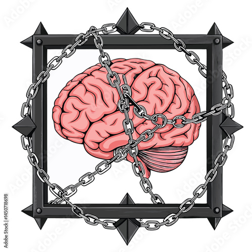 A gothic iron frame encloses a human brain bound by heavy chains, symbolizing mental constraint.  Dark, detailed, macabre art.