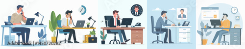 a man is calling a client from his office desk style vector flat design