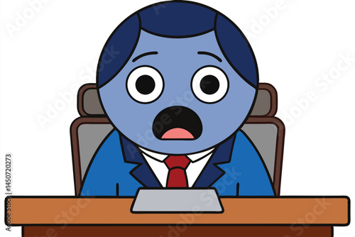Animated businessman sitting at desk looks shocked and surprised illustration