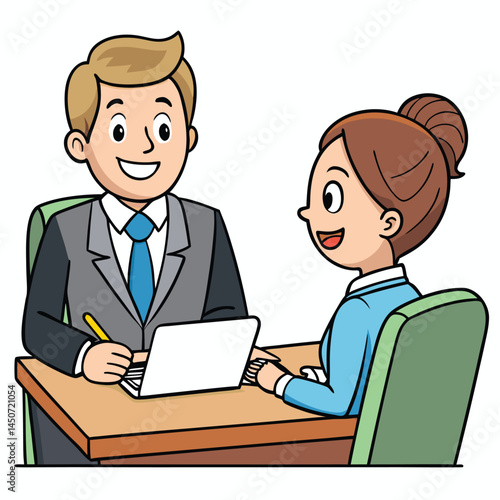 Cartoon businessman and businesswoman in a meeting with laptop vector illustration
