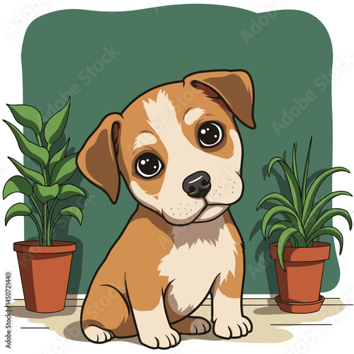 Curious puppy tilting head against green background with plants  