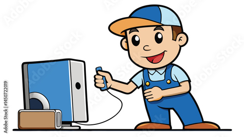 Cartoon character playing retro video game console with wired controller