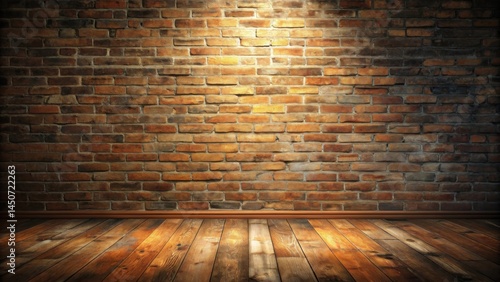 A rustic brick wall background with a wooden floor and a soft light shining from above