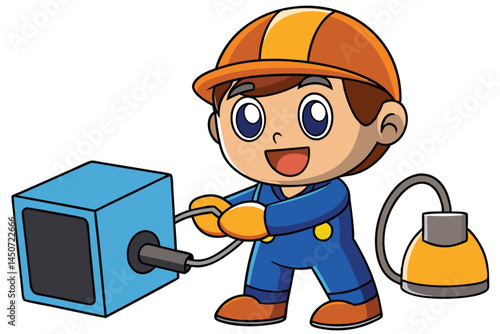 Cartoon electrician plugging in a machine with safety helmet and gloves illustration